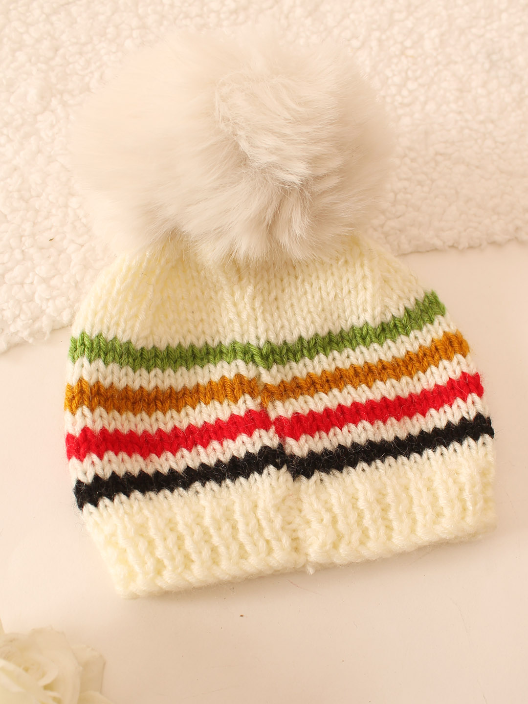 Handknitted Striped Faux Fur Pom Pom Cap - Cream
