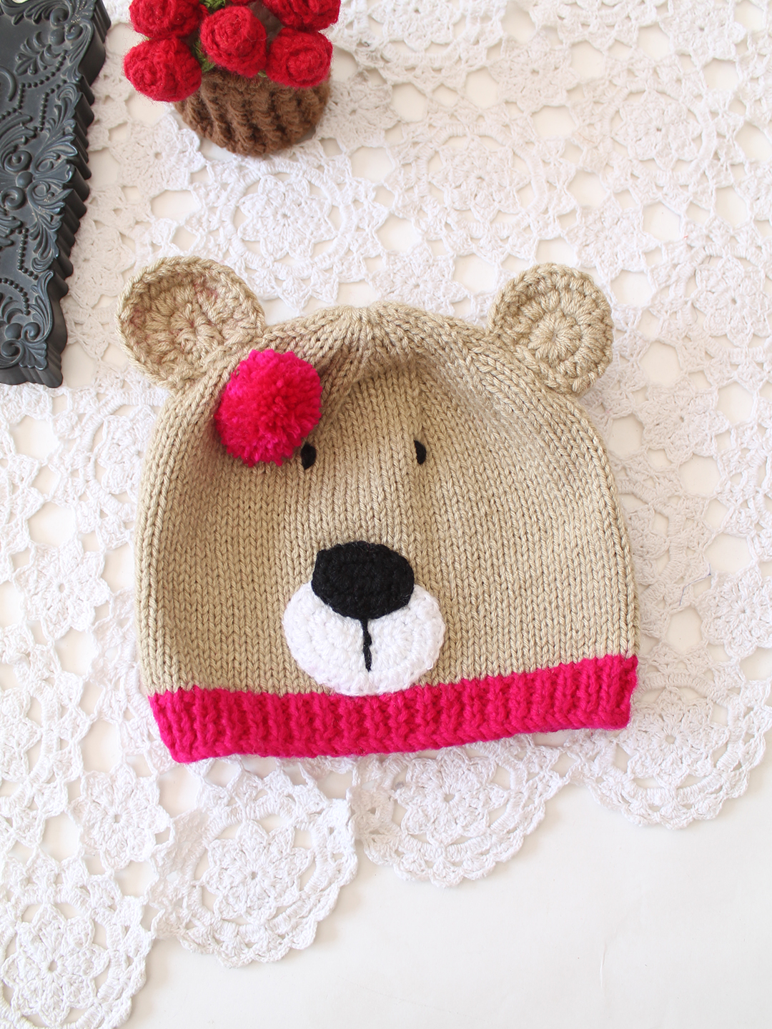 Woonie Handmade Bear with Pom Pom Cap - Beige