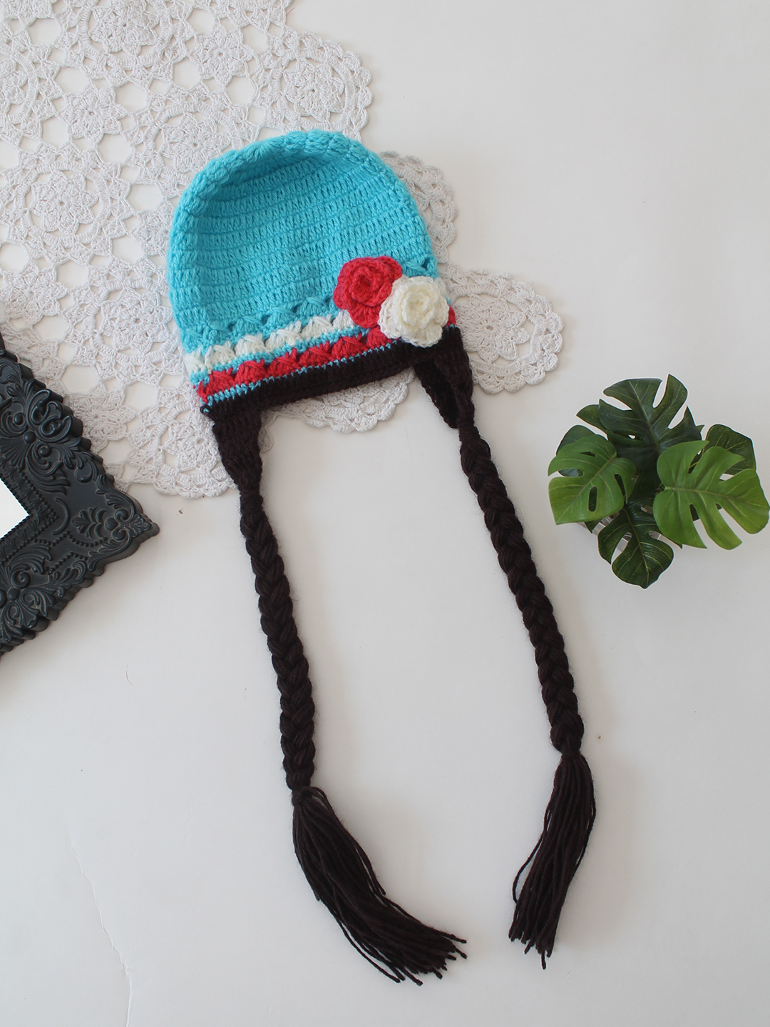 Crochet Floral Braided Cap - Blue