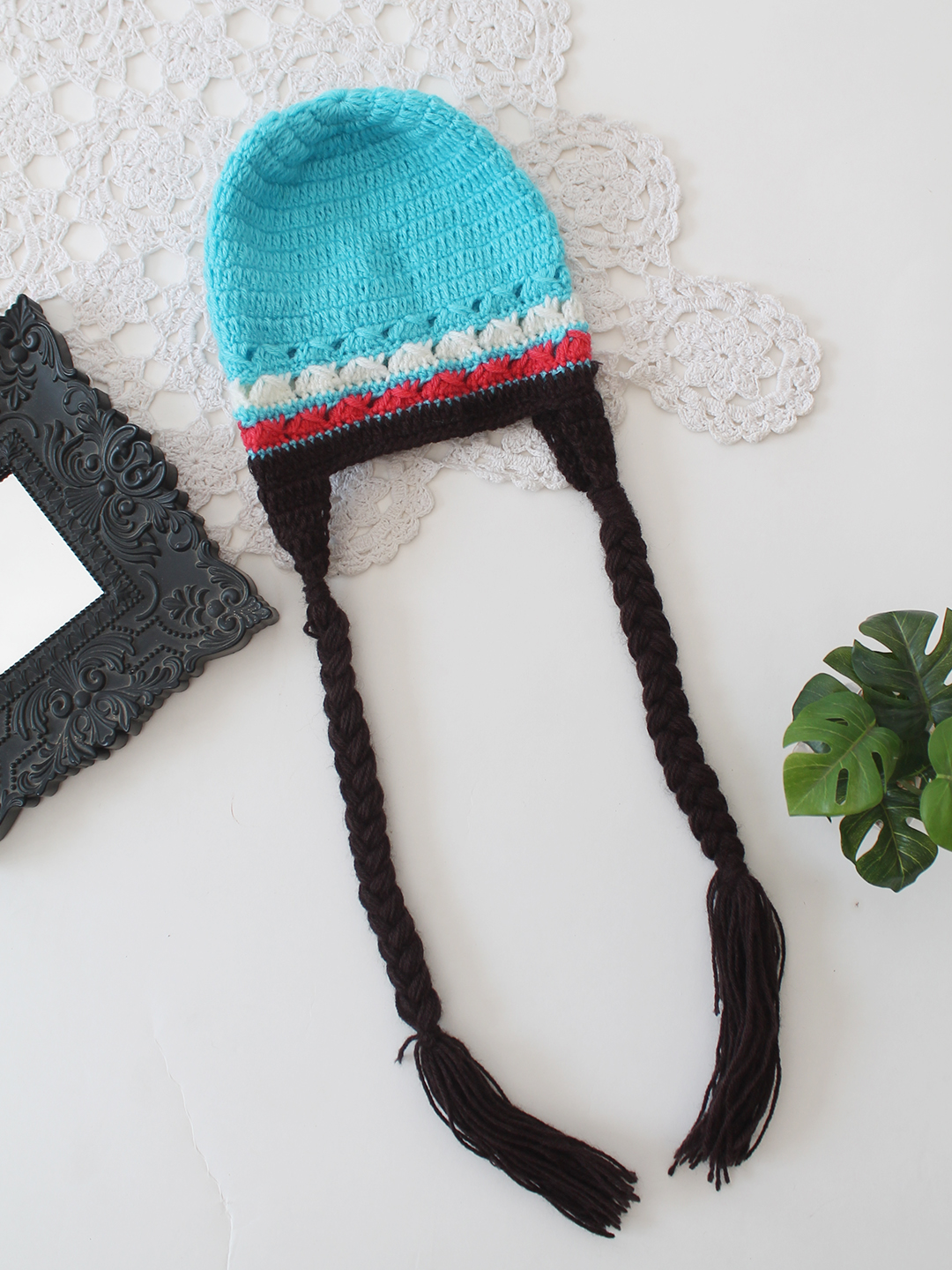 Crochet Floral Braided Cap - Blue