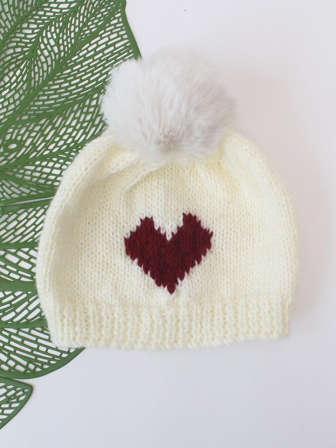 Woonie Heart Designed Hand Knitted Cap - Cream