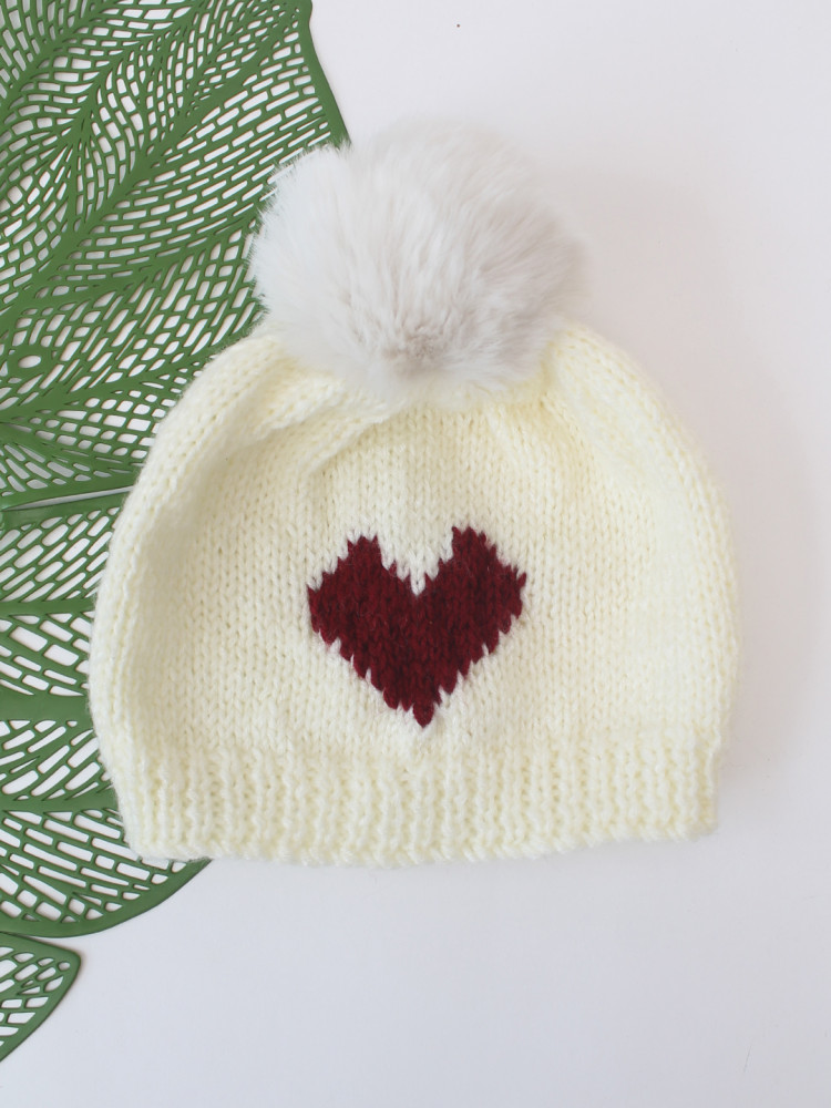 Image of Woonie Heart Designed Hand Knitted Cap - Cream