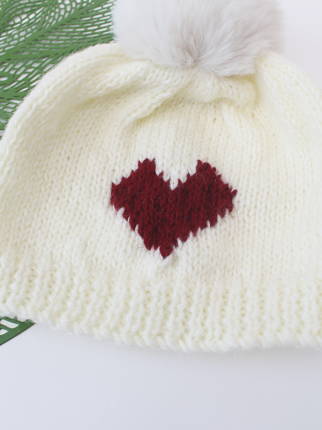 Woonie Heart Designed Hand Knitted Cap - Cream