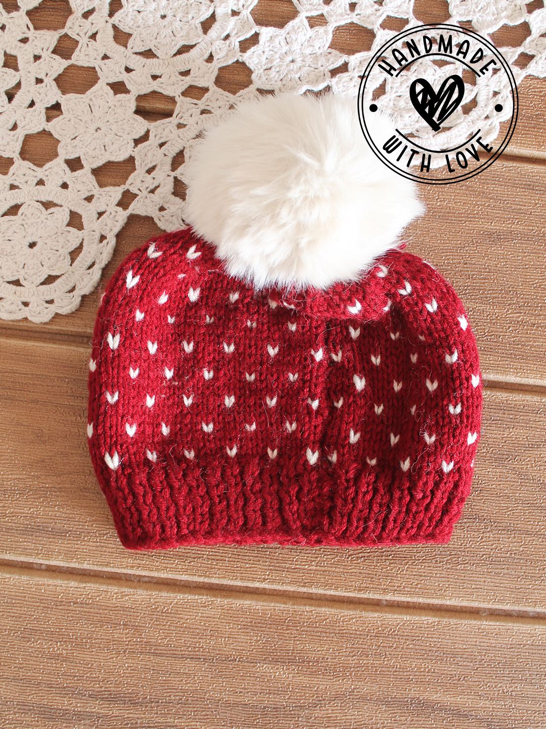 Woonie Pom Pom Detailed Hand Knitted Cap - Maroon