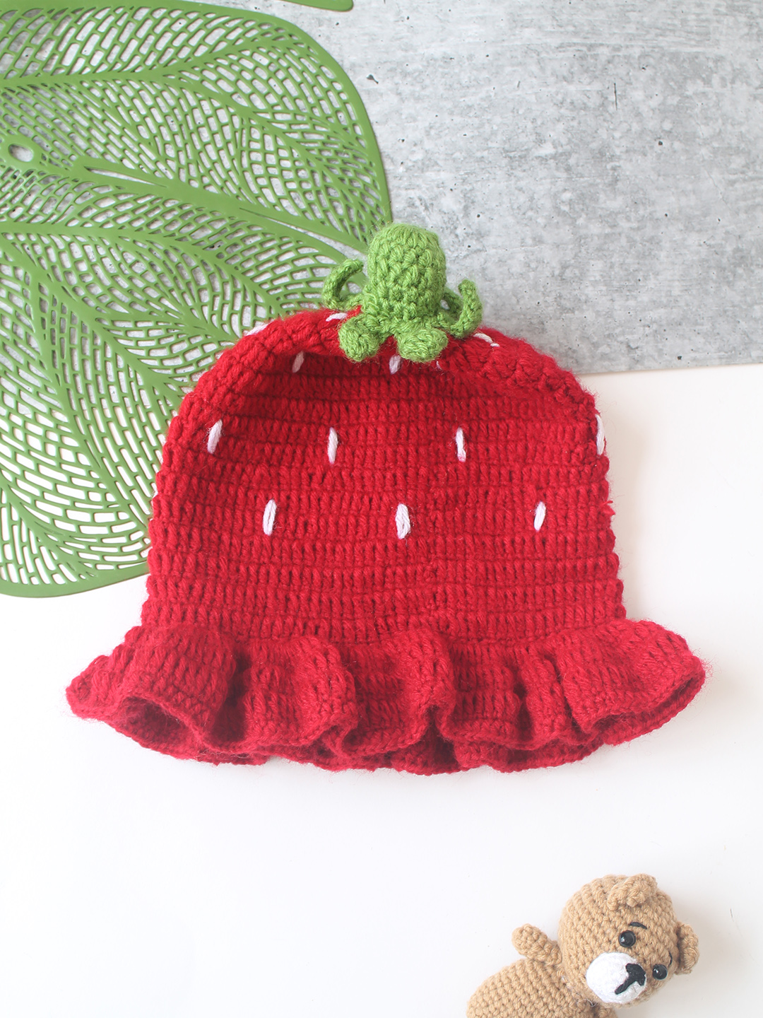 Woonie Strawberry Designed Handknitted Bucket Cap - Red