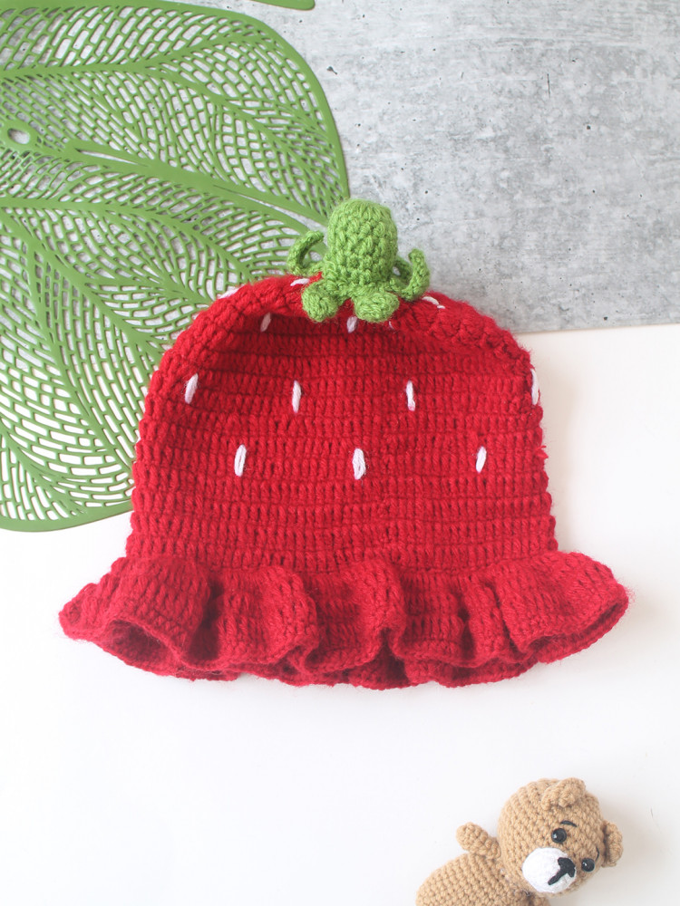 Image of Woonie Strawberry Designed Handknitted Bucket Cap - Red