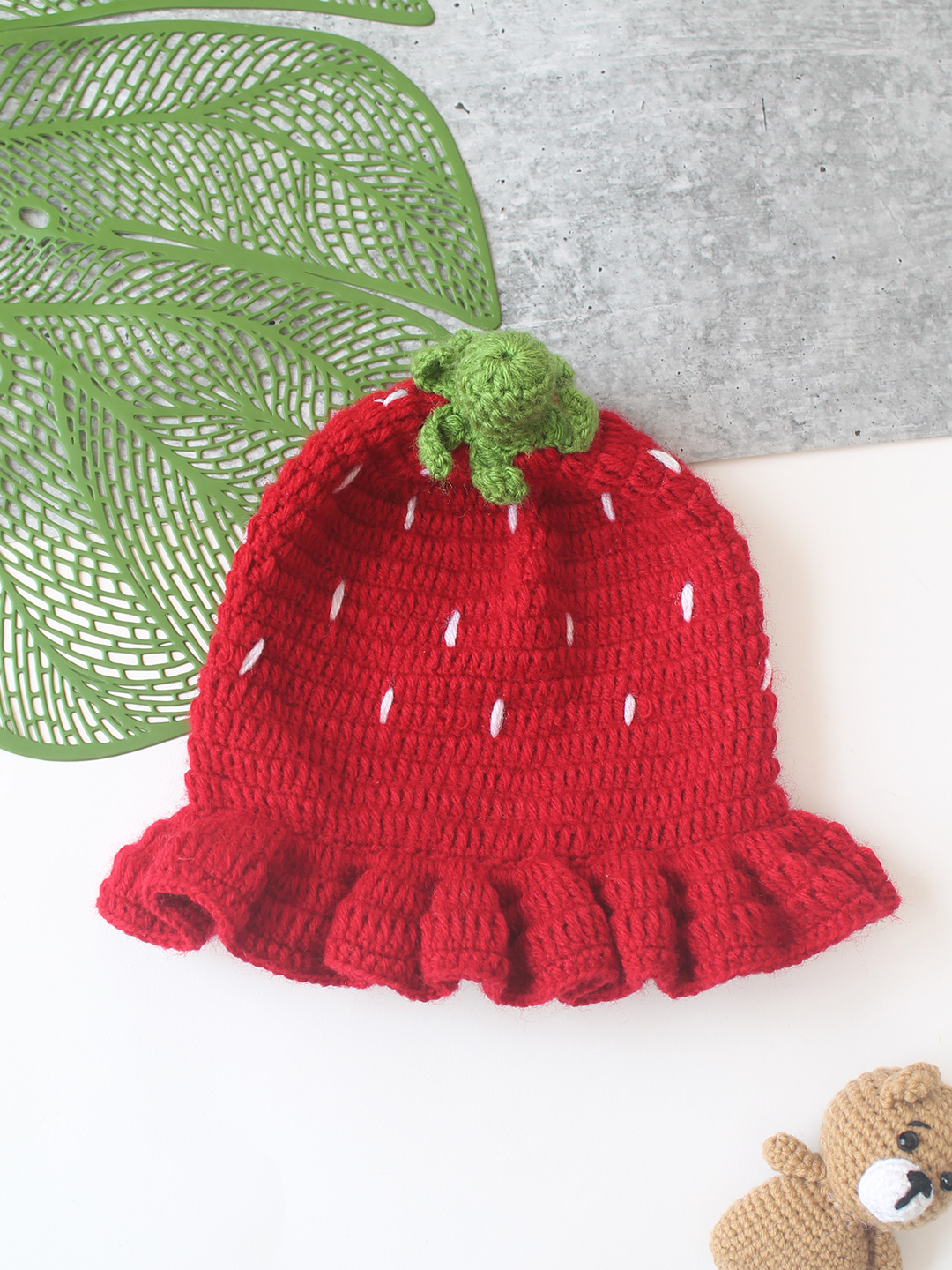 Woonie Strawberry Designed Handknitted Bucket Cap - Red