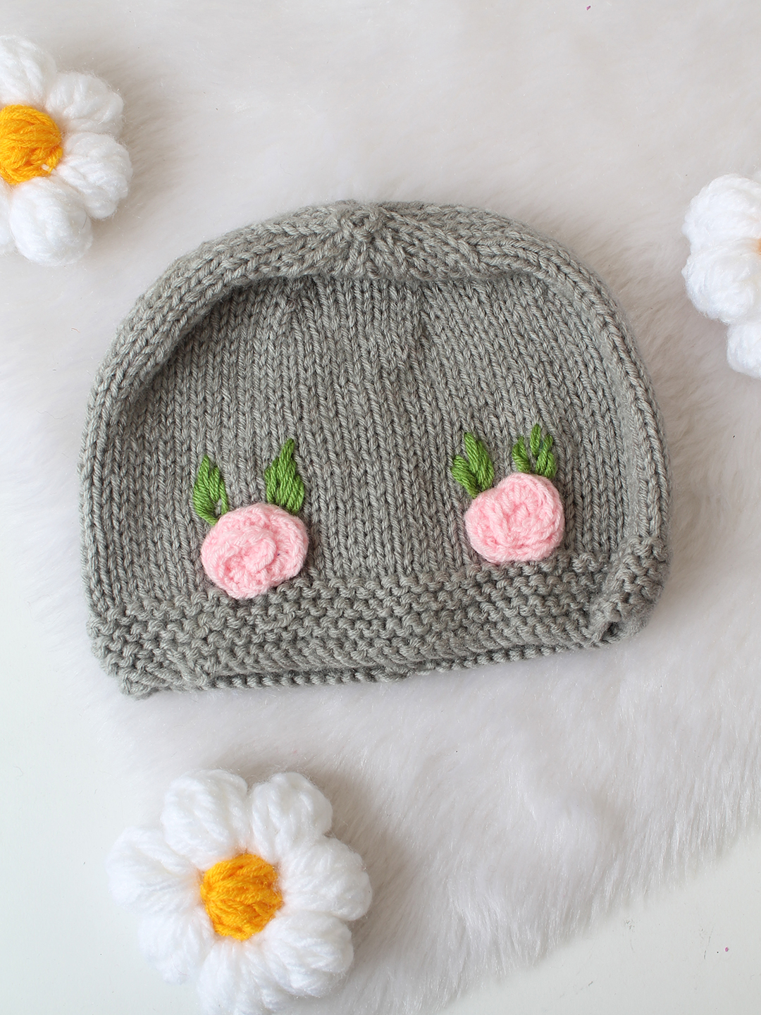 Woonie Rose Embroidered Hand Knitted Cap - Grey