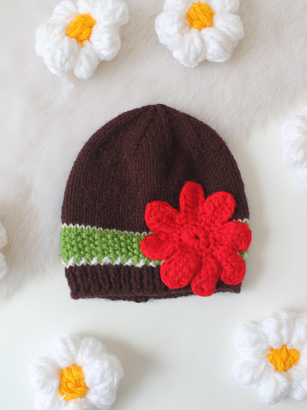 Woonie Floral Designed Hand Knitted Cap - Brown