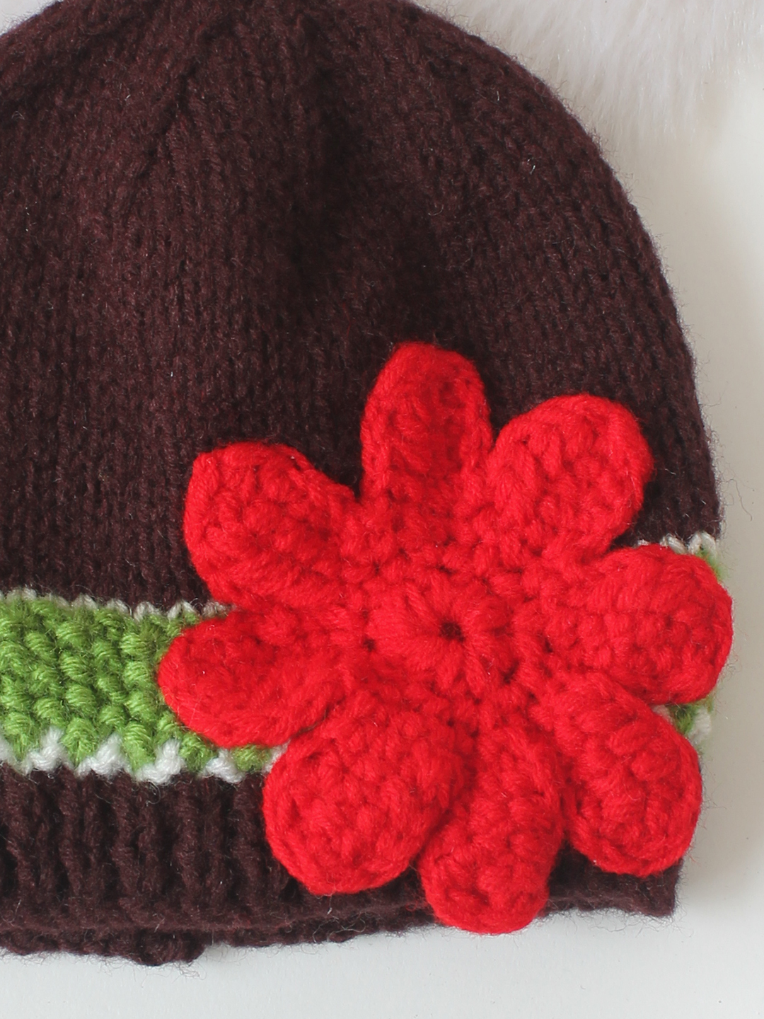 Woonie Floral Designed Hand Knitted Cap - Brown