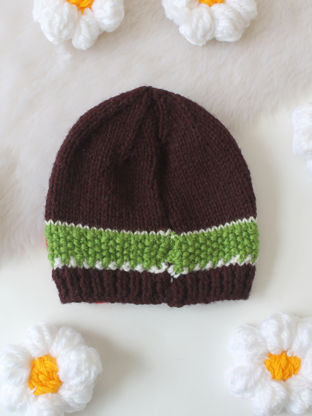 Woonie Floral Designed Hand Knitted Cap - Brown