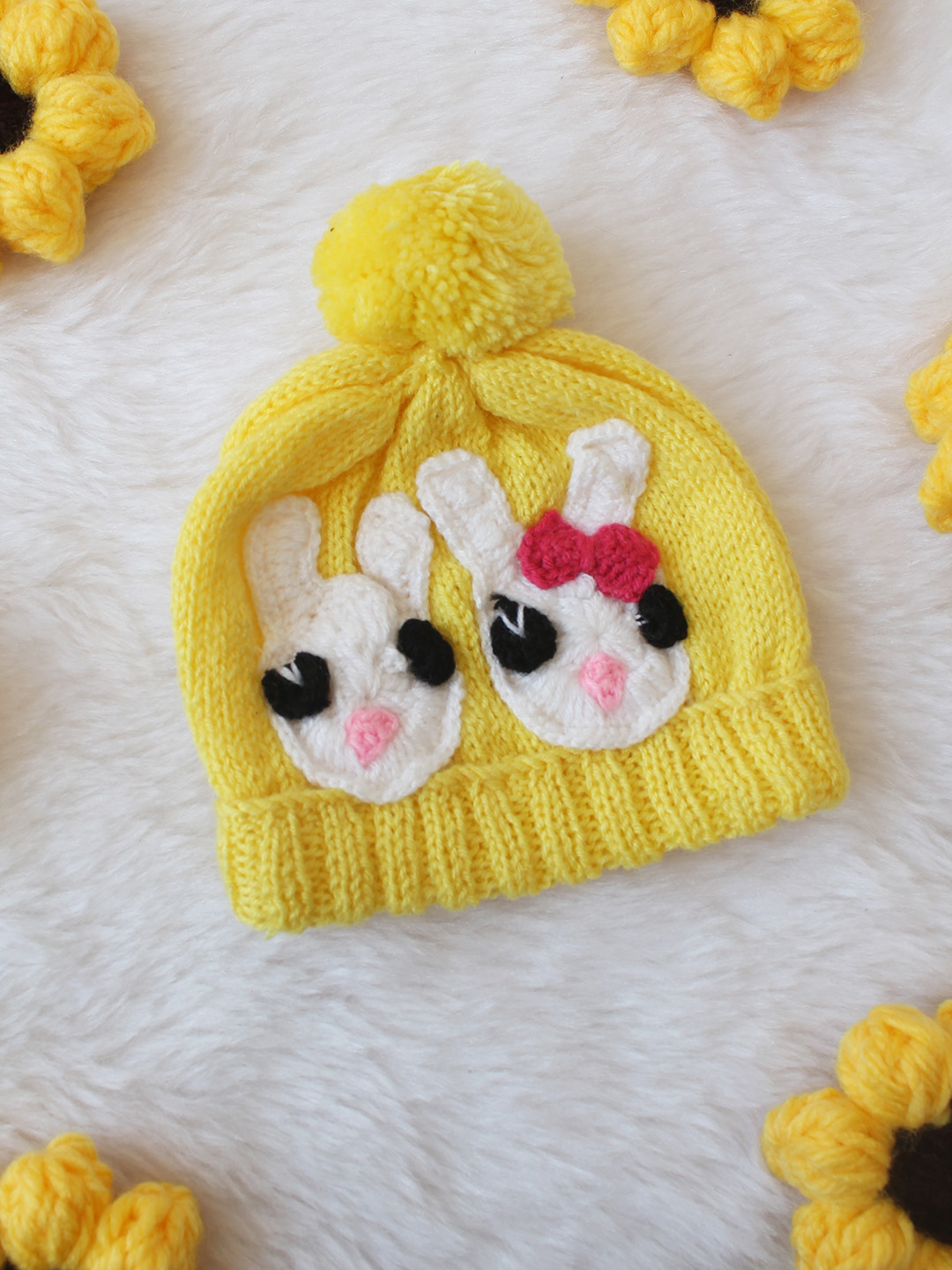 Woonie Rabbit Designed Handknitted Cap - Yellow