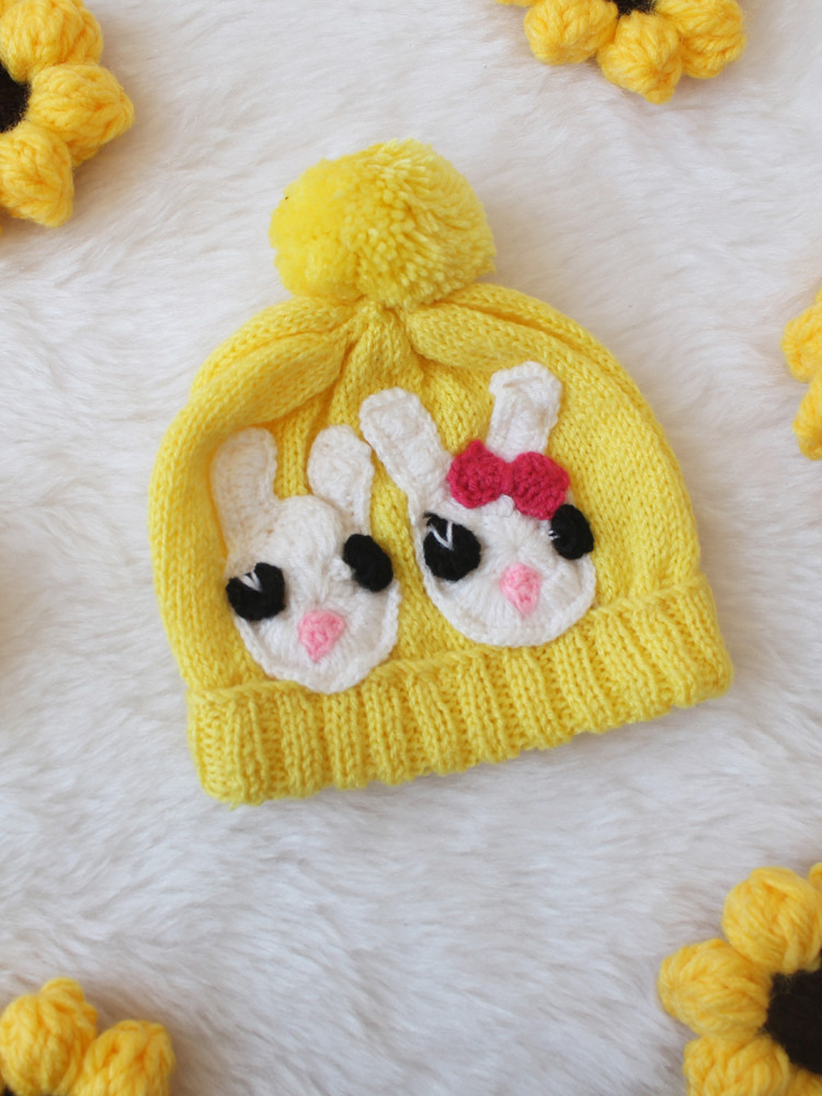 Image of Woonie Rabbit Designed Handknitted Cap - Yellow
