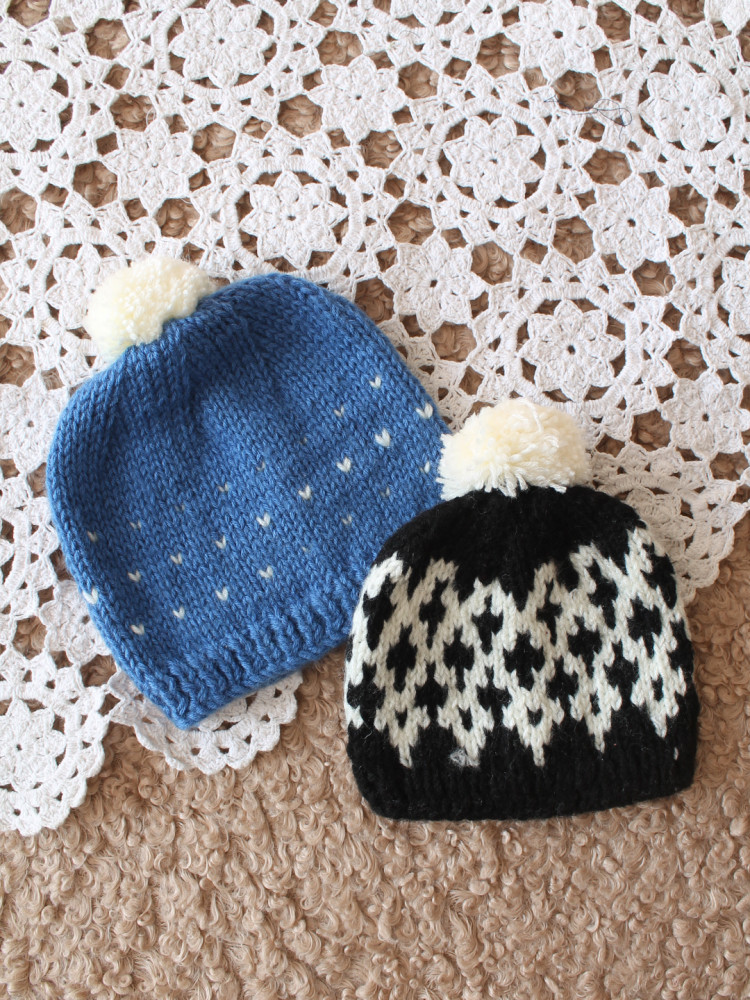 Image of Woonie Pom Pom Designed Hand knitted Caps Pack of 2 - Blue &amp; Black