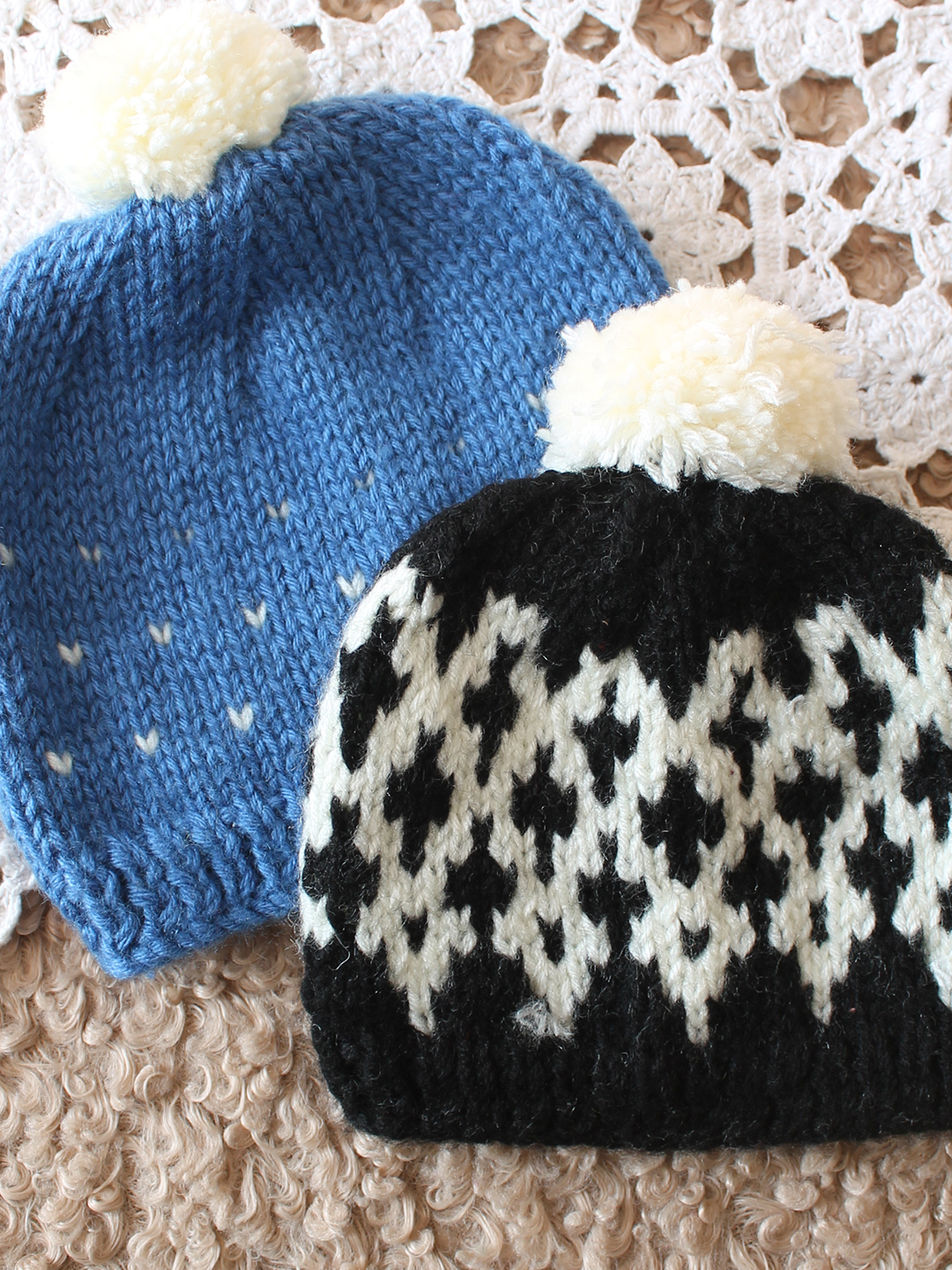 Woonie Pom Pom Designed Hand knitted Caps Pack of 2 - Blue & Black