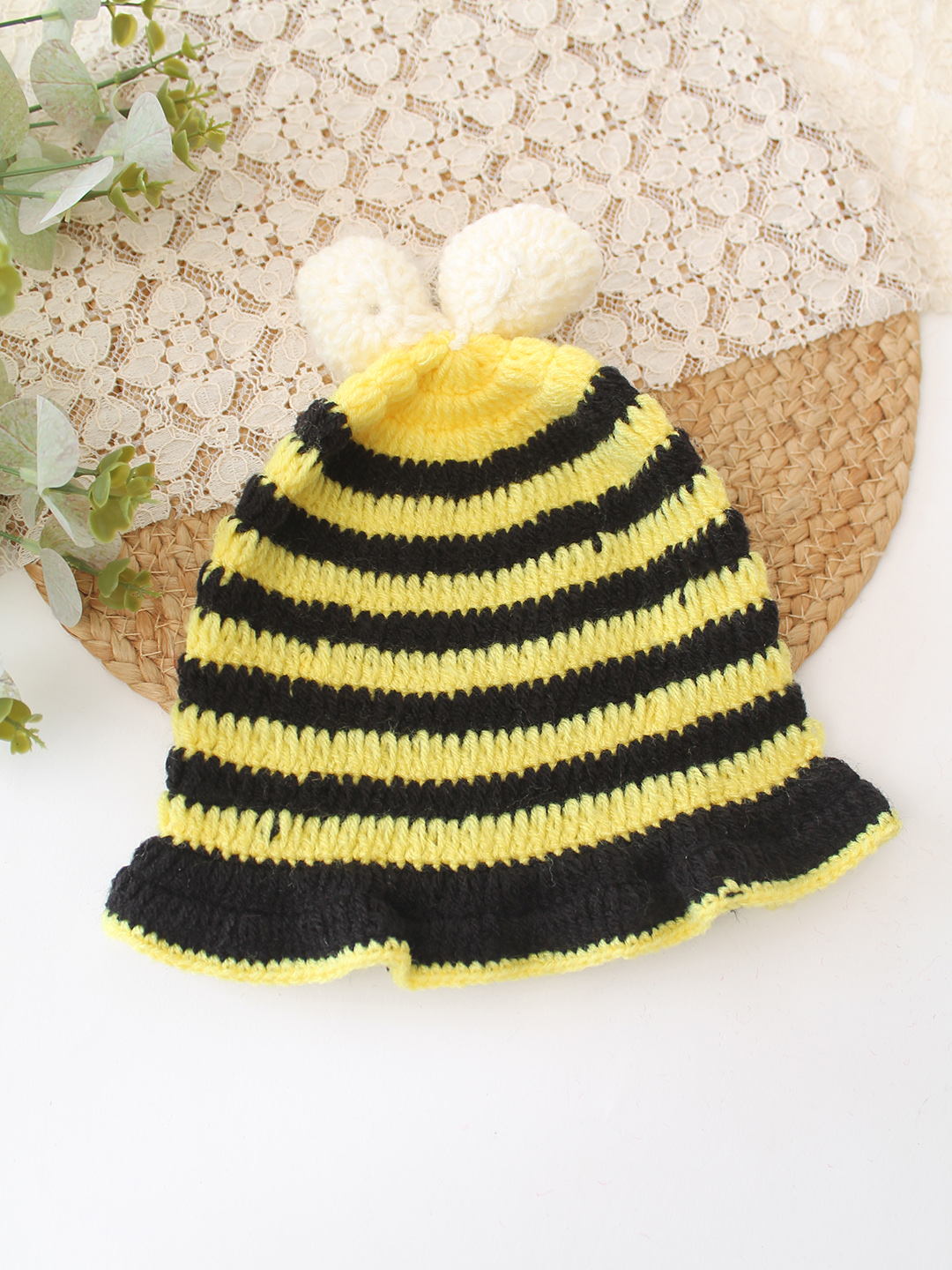 Woonie Crochet Striped Design Cap - Black