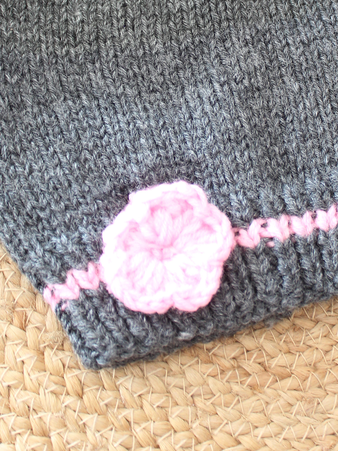 Woonie Crochet Floral Applique Cap - Dark Grey