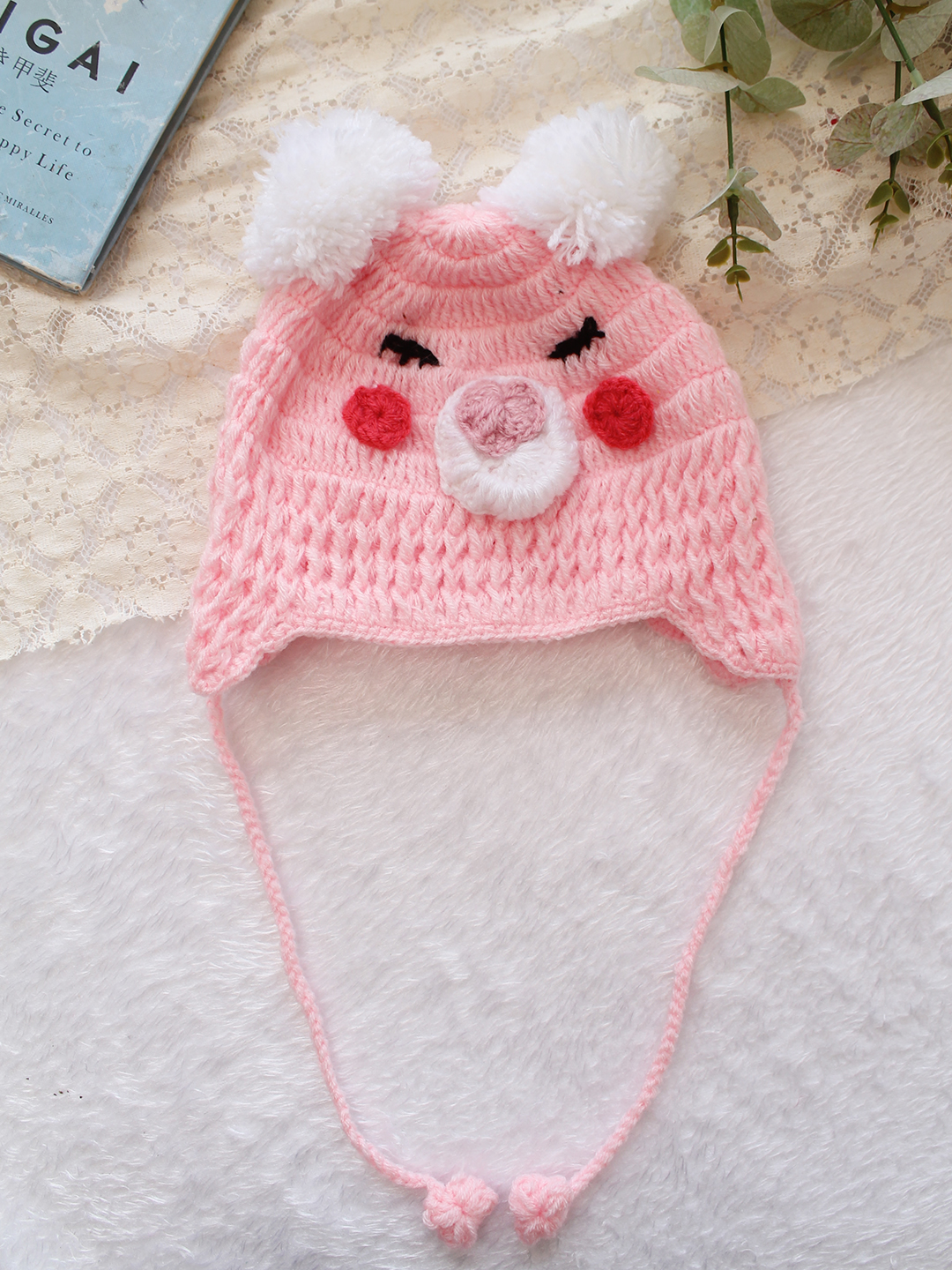 Woonie Crochet Pig Pom Pom Detailed Cap - Pink