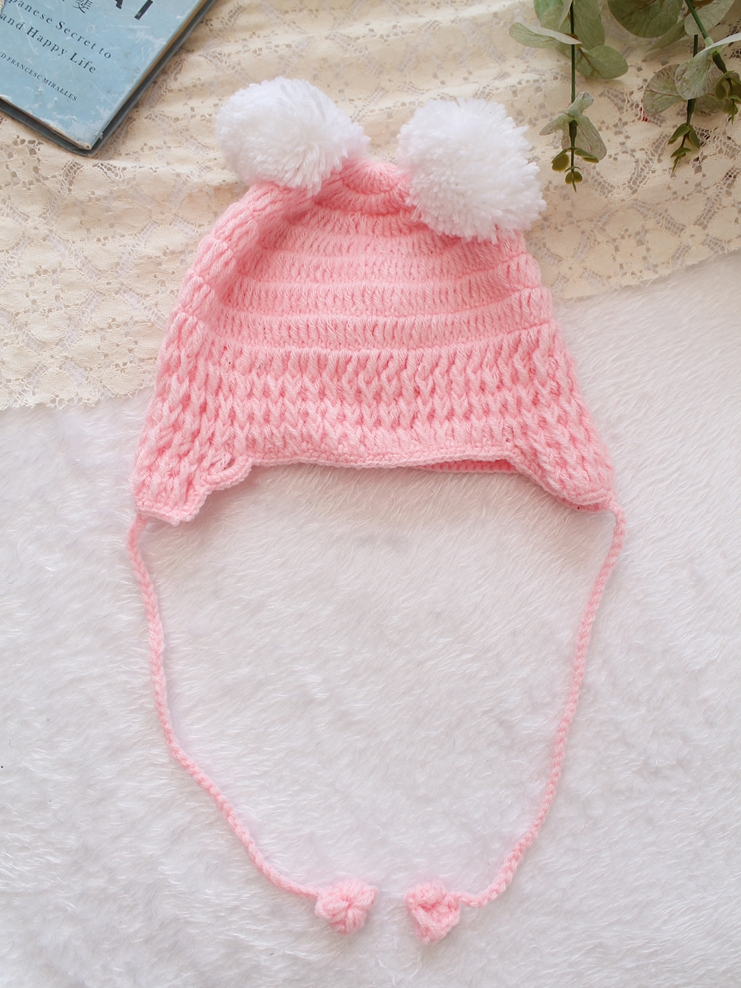 Woonie Crochet Pig Pom Pom Detailed Cap - Pink
