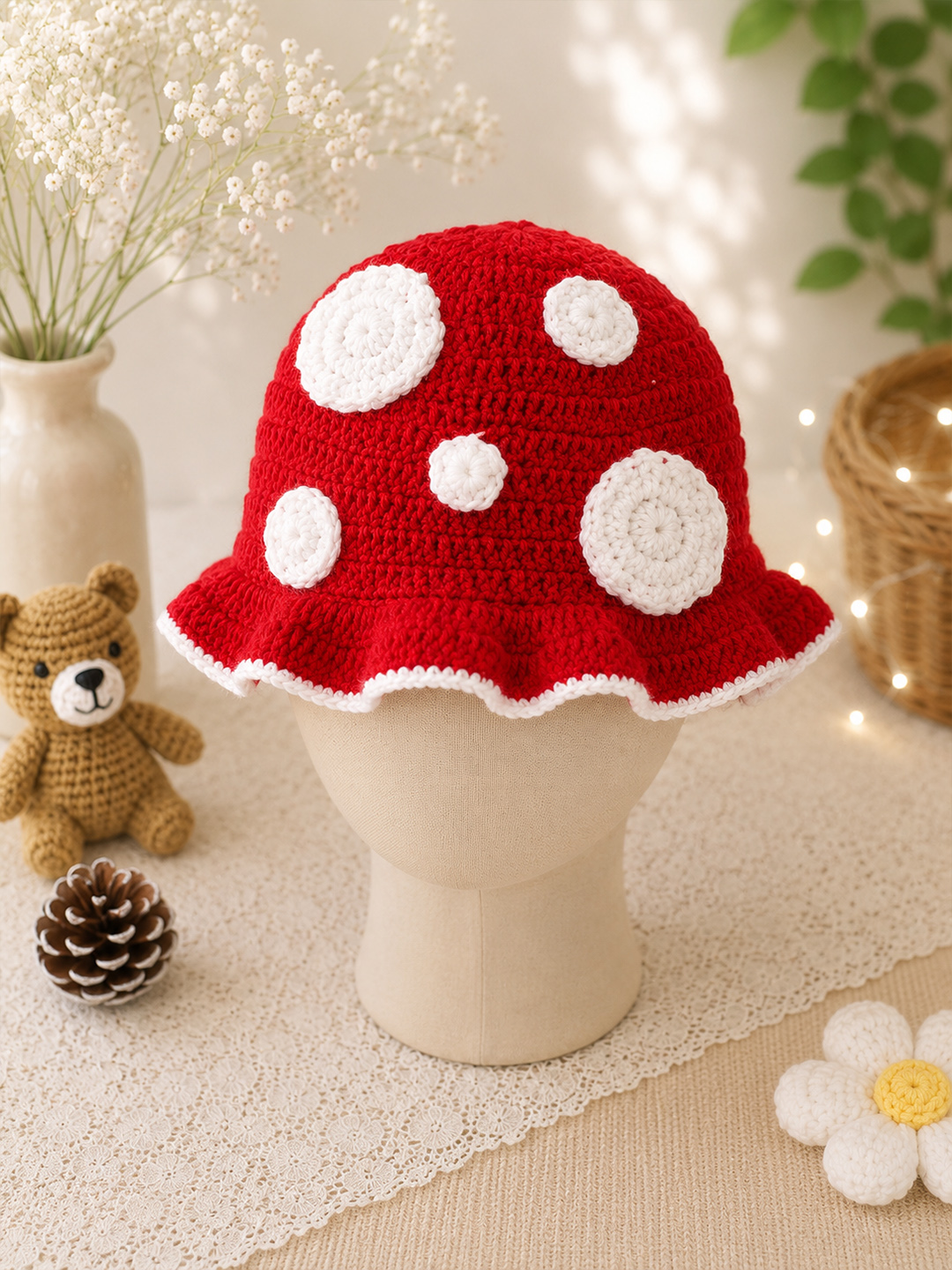 Woonie Crochet Self Design Cap - Red