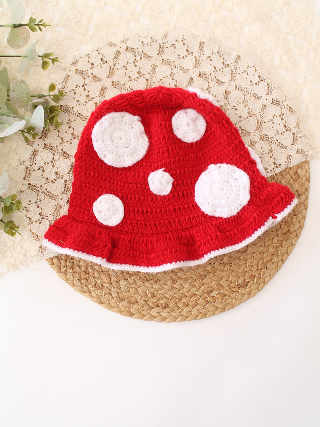 Woonie Crochet Self Design Cap - Red