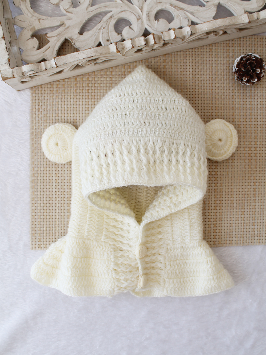 Woonie Crochet Hooded with Ear Cap - Cream
