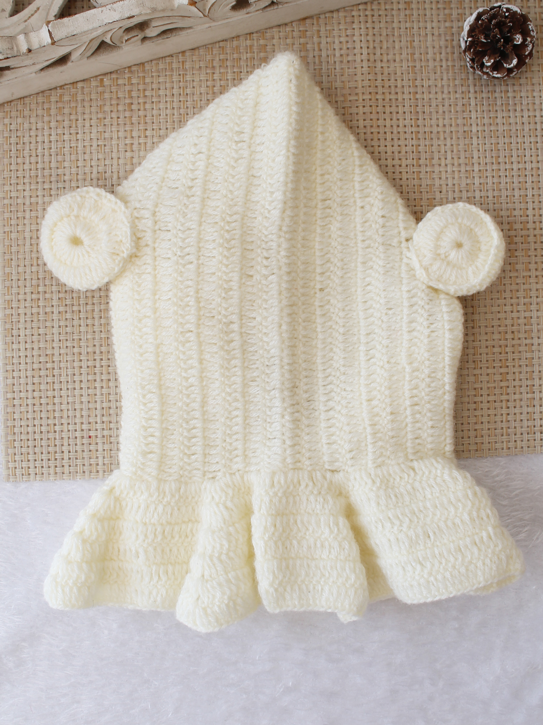 Woonie Crochet Hooded with Ear Cap - Cream