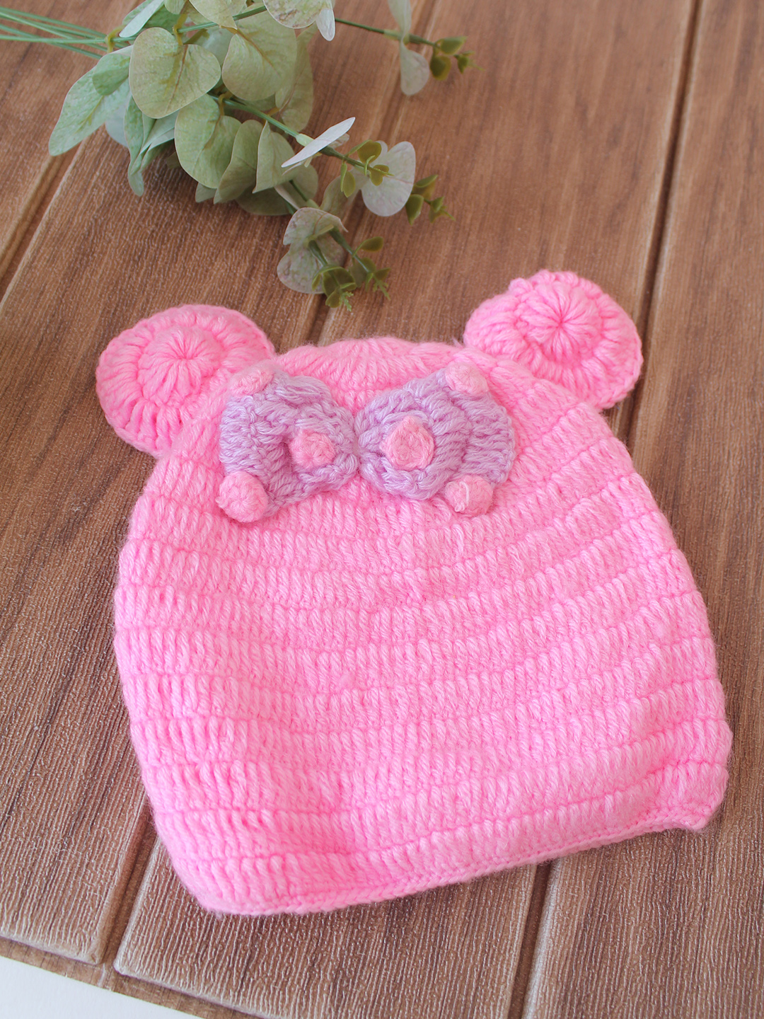 Woonie Crochet Bow Detailed with Ear Cap - Pink