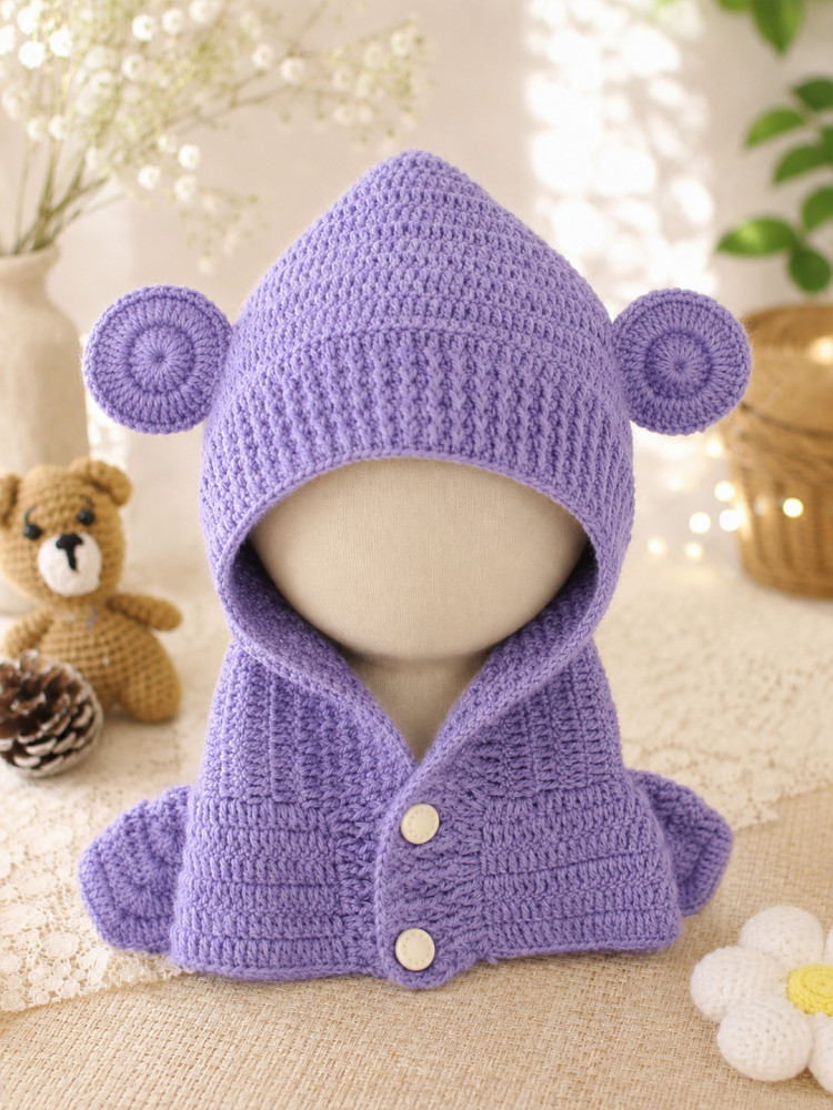 Image of Woonie Crochet Hooded with Ear Cap - Purple