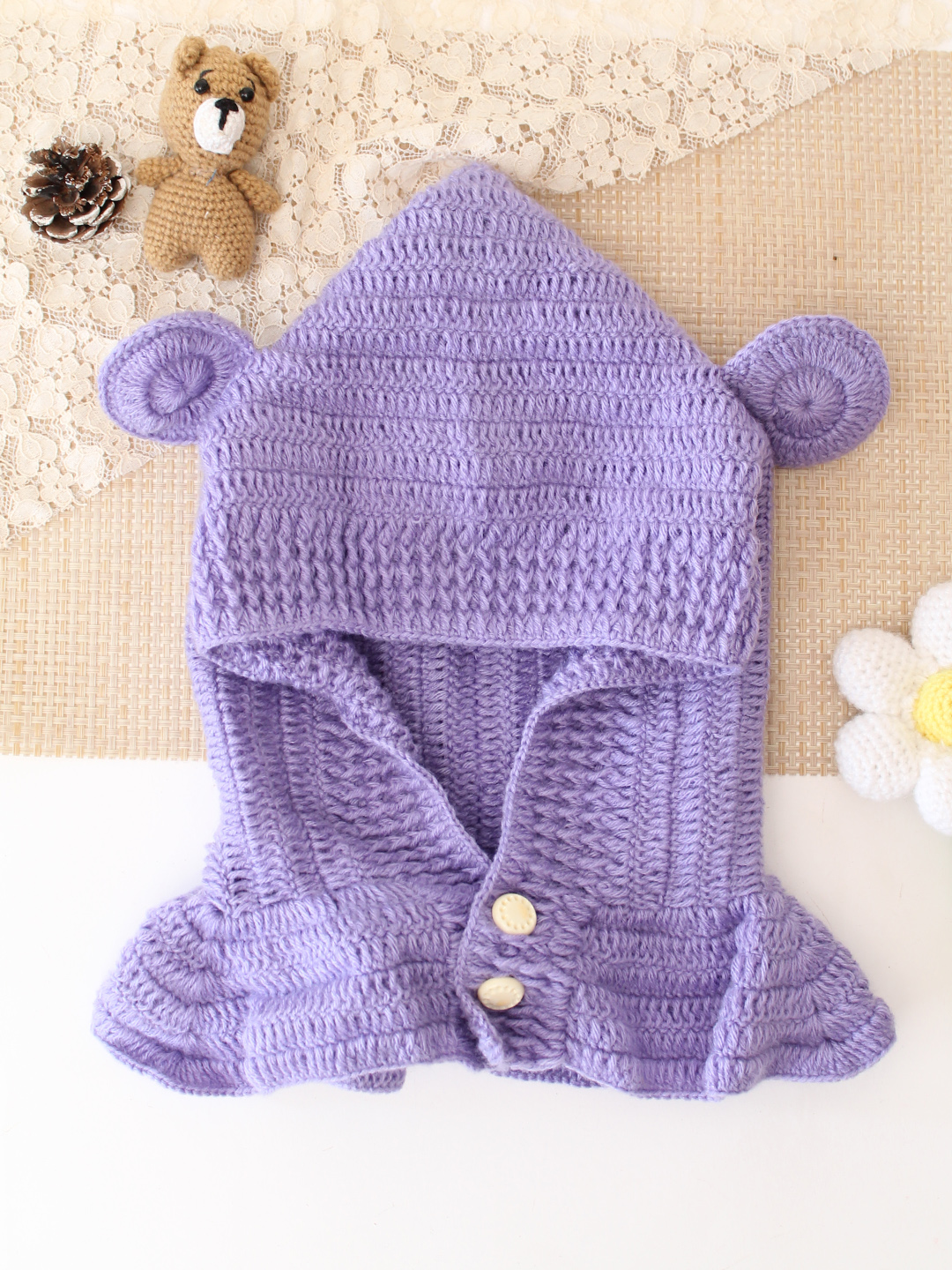 Woonie Crochet Hooded with Ear Cap - Purple