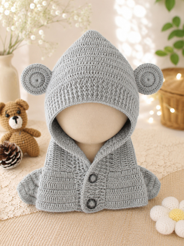 Image of Woonie Crochet Hooded with Ear Cap - Light Grey