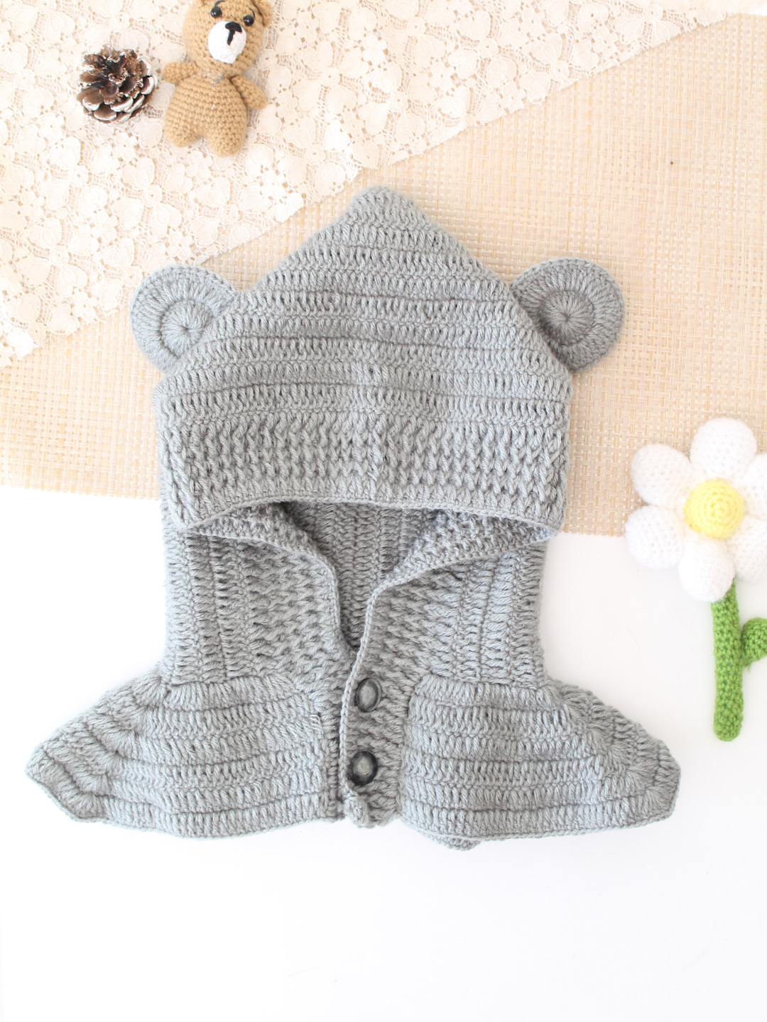 Woonie Crochet Hooded with Ear Cap - Light Grey