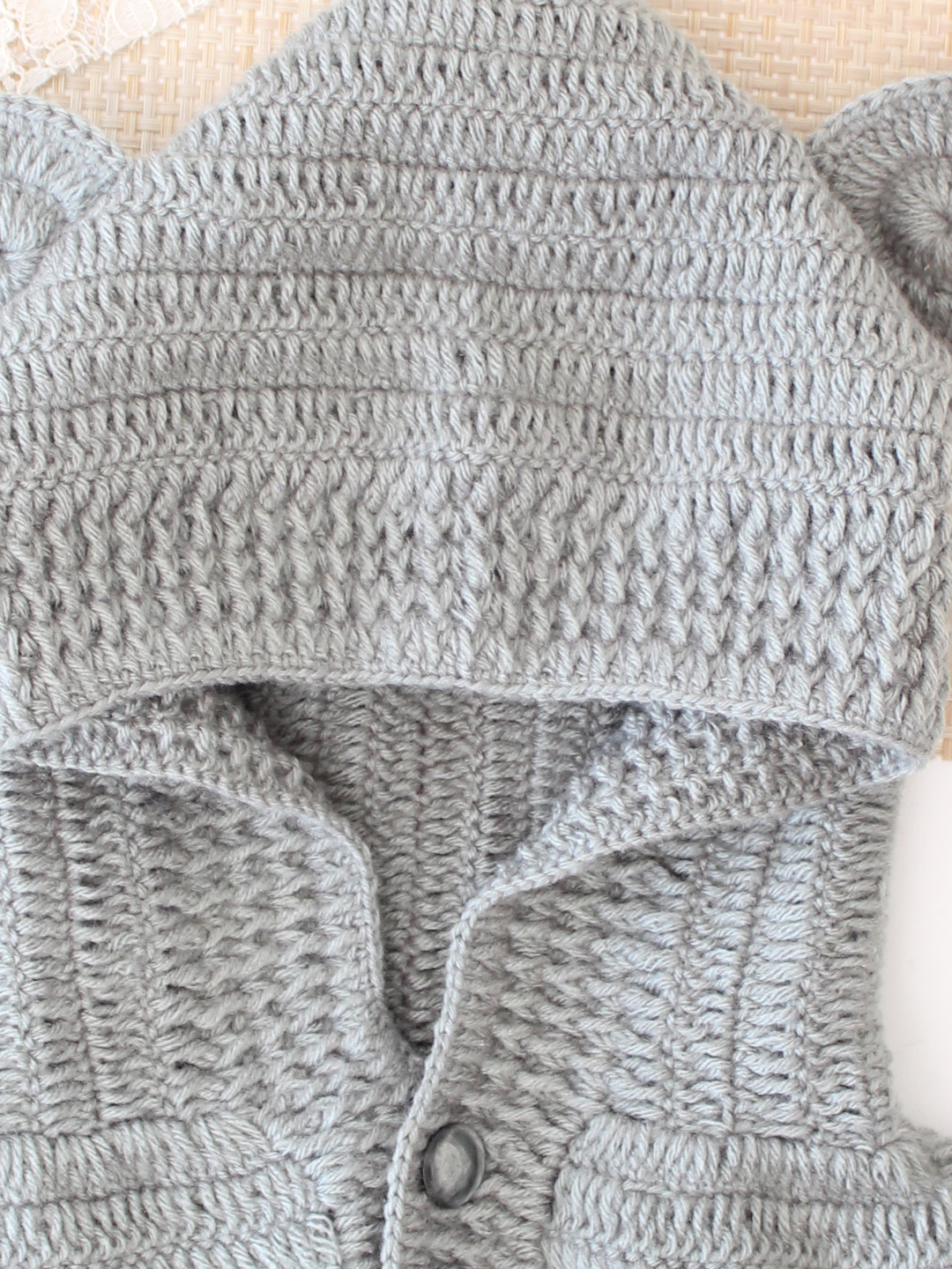 Woonie Crochet Hooded with Ear Cap - Light Grey