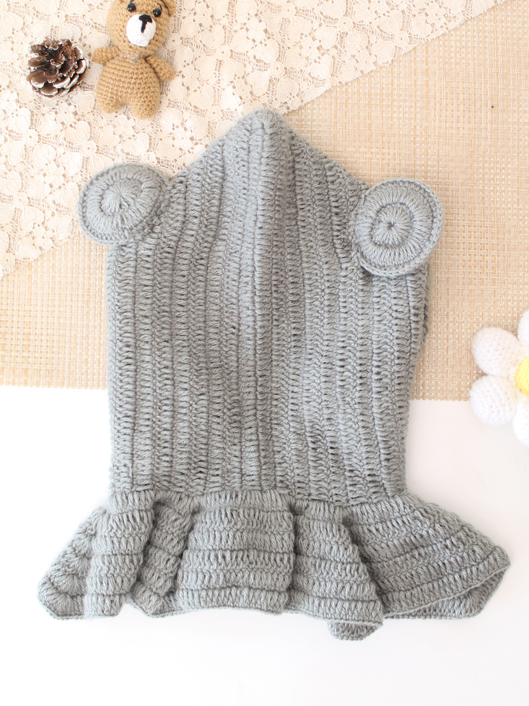 Woonie Crochet Hooded with Ear Cap - Light Grey
