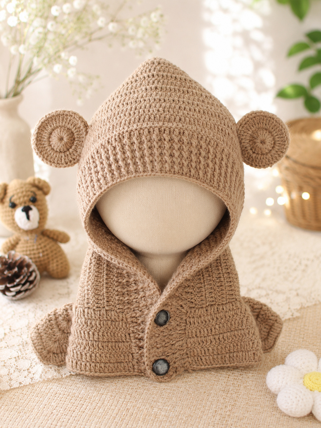 Woonie Crochet Hooded with Ear Cap - Beige