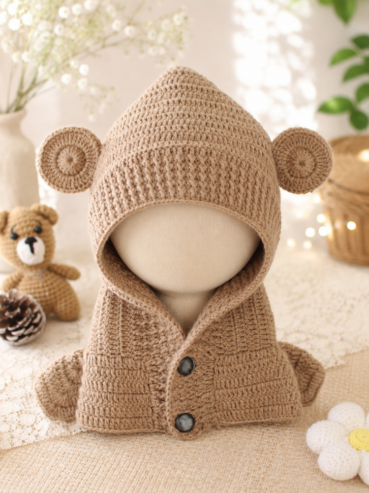 Image of Woonie Crochet Hooded with Ear Cap - Beige