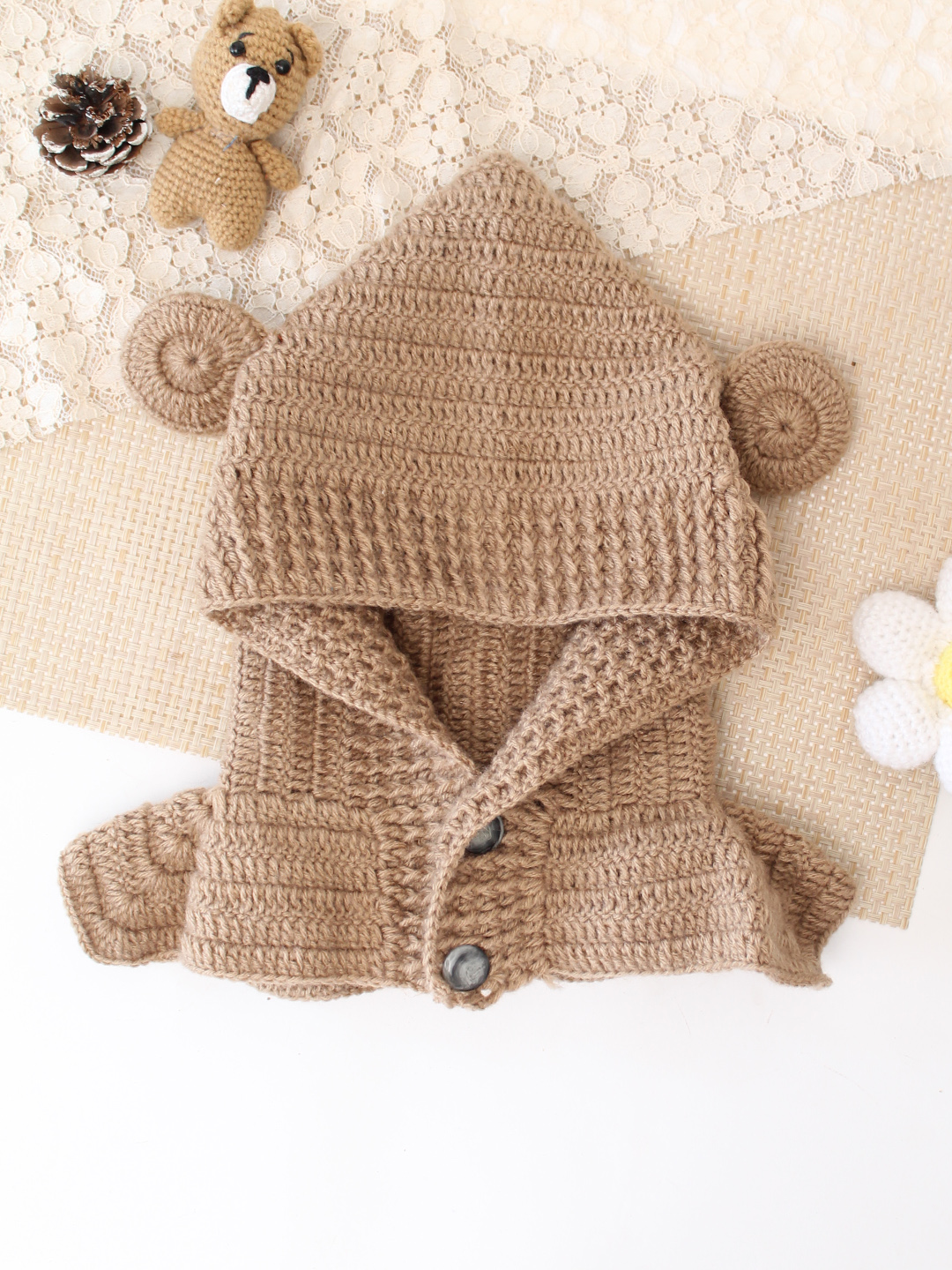 Woonie Crochet Hooded with Ear Cap - Beige