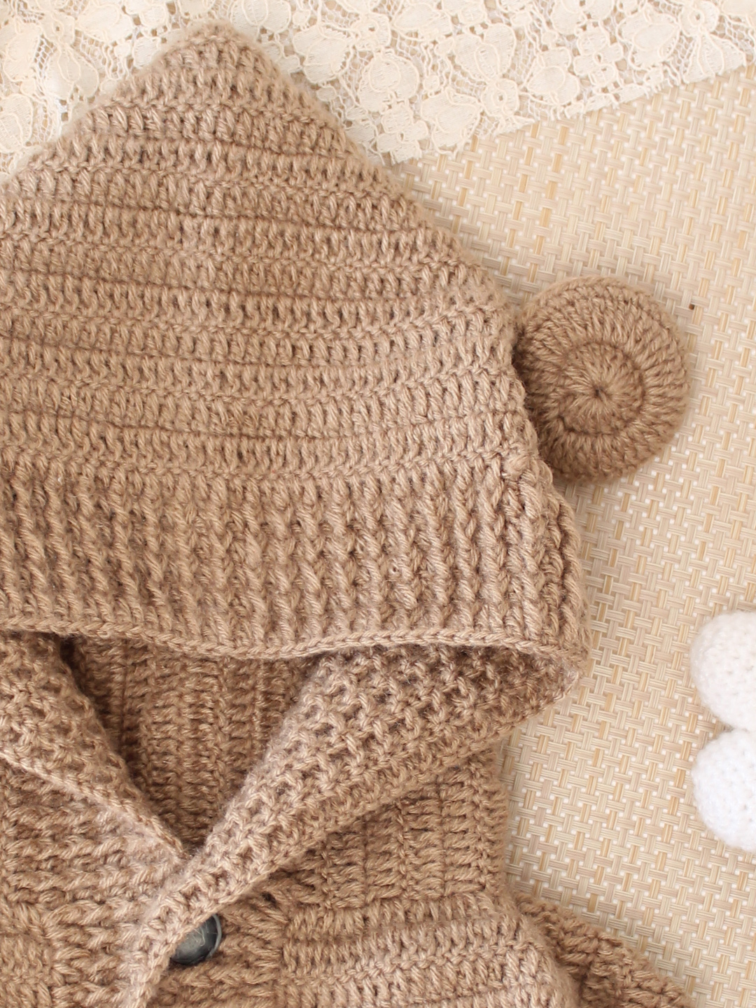 Woonie Crochet Hooded with Ear Cap - Beige