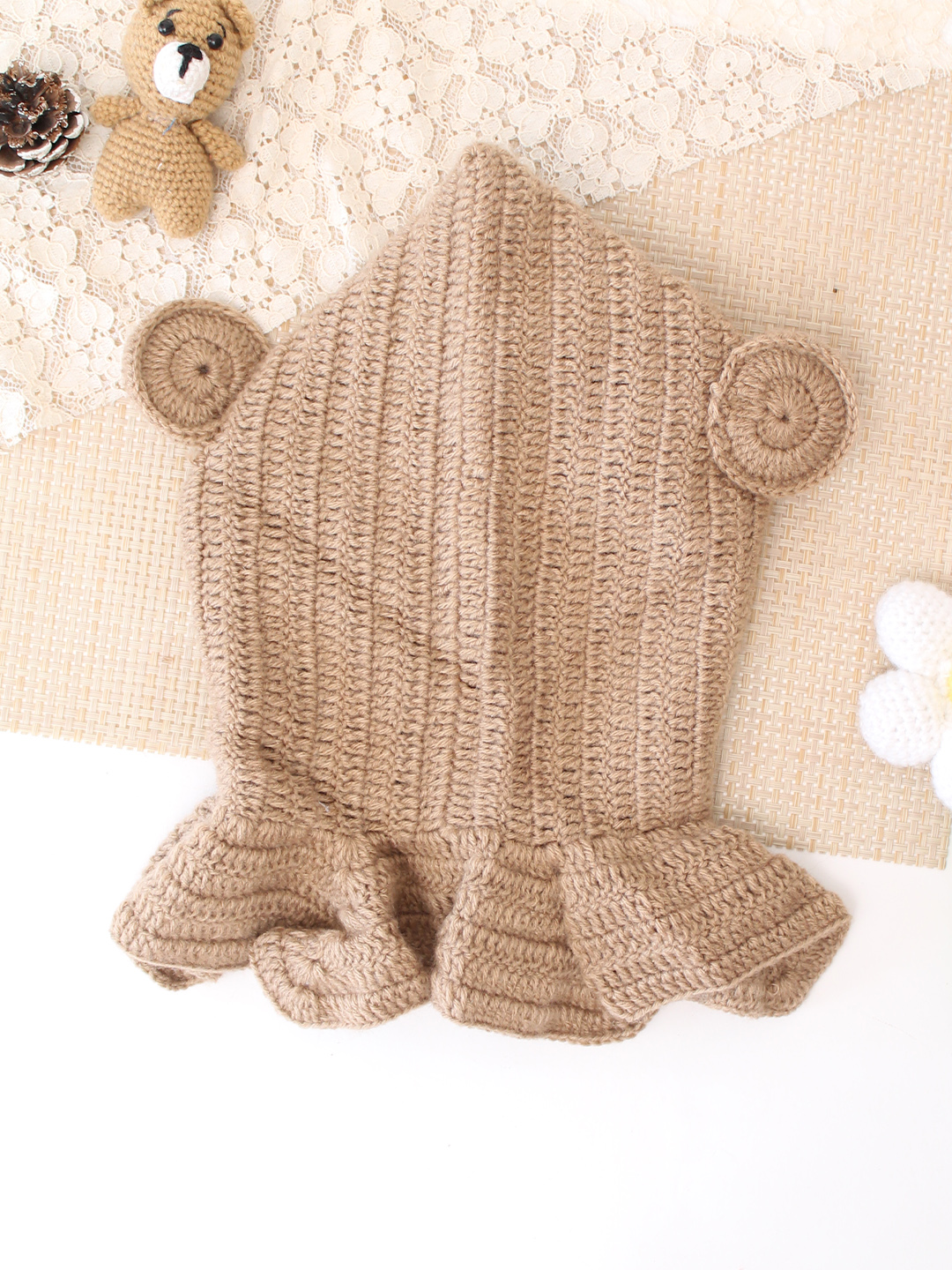Woonie Crochet Hooded with Ear Cap - Beige