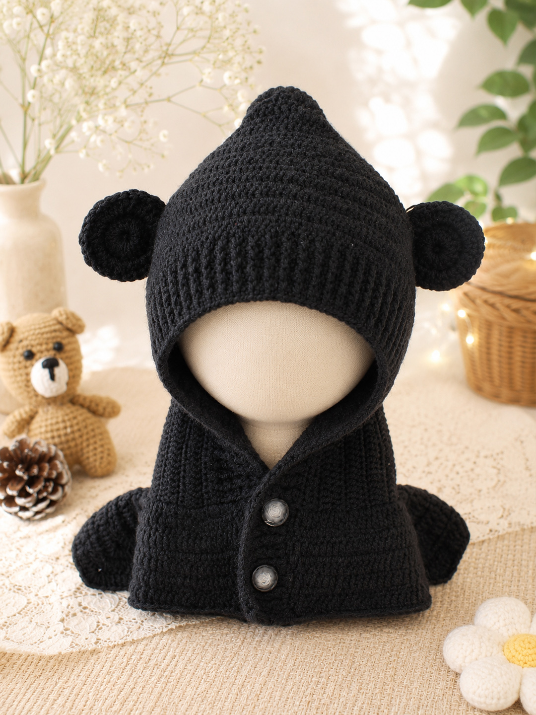 Woonie Crochet Hooded with Ear Cap - Black