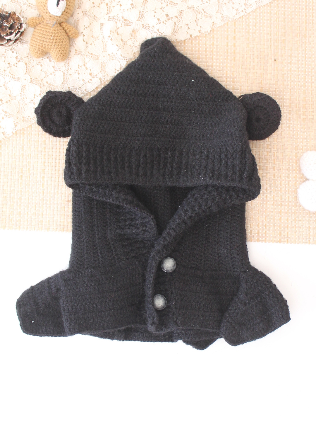 Woonie Crochet Hooded with Ear Cap - Black