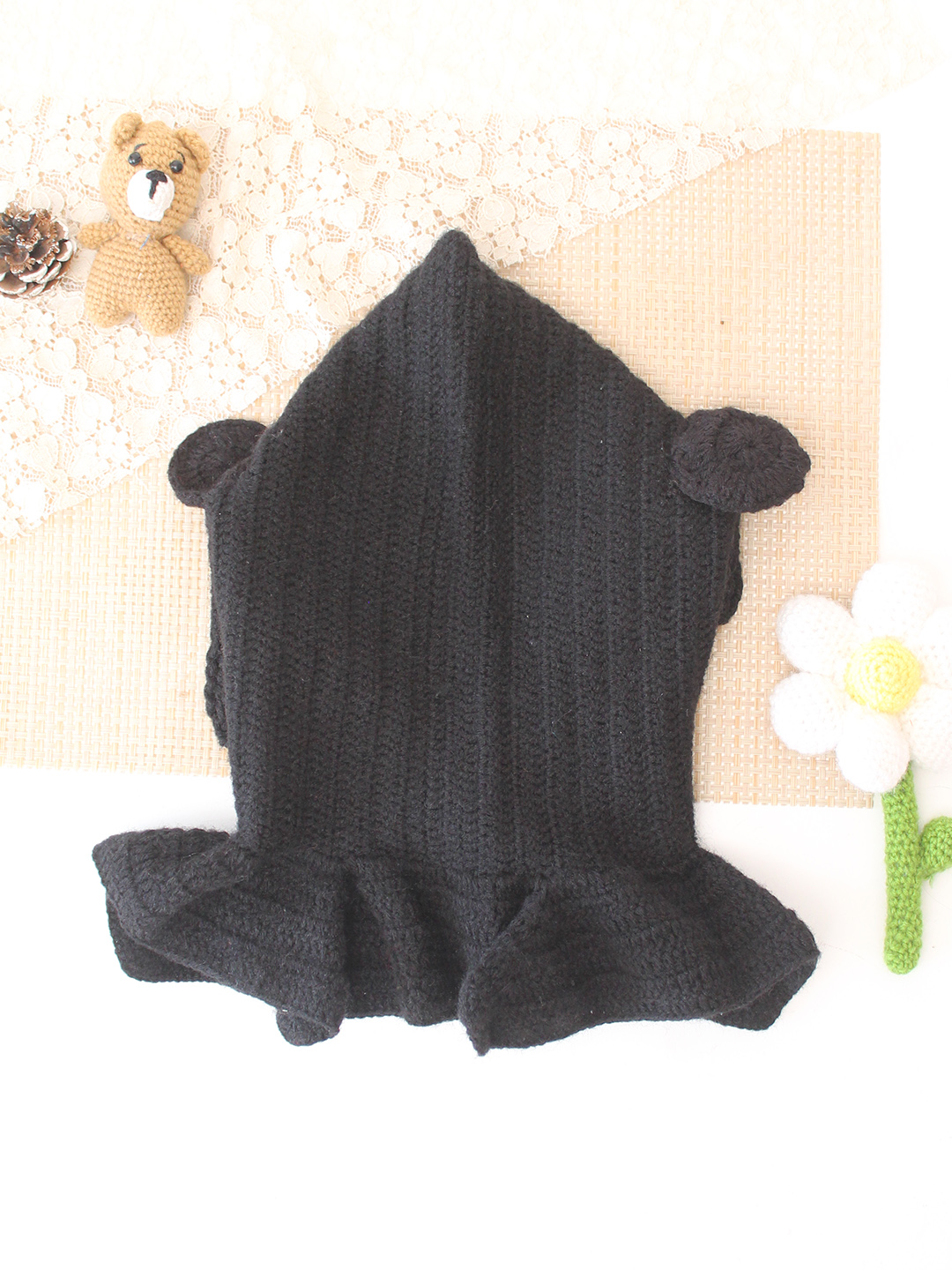 Woonie Crochet Hooded with Ear Cap - Black