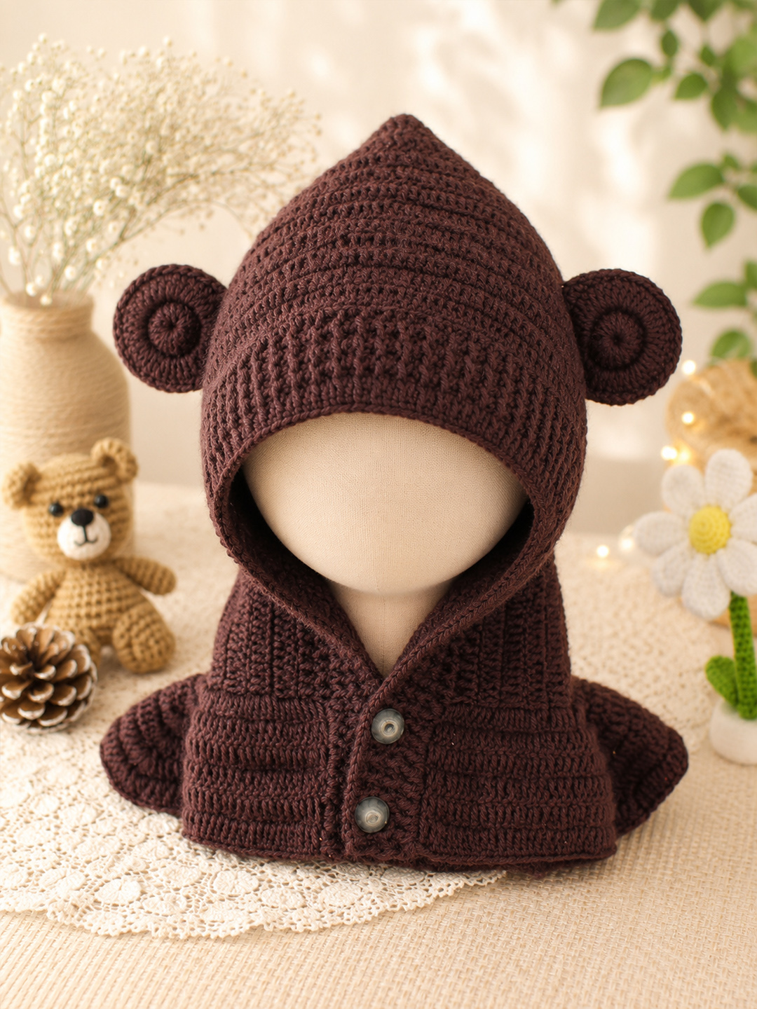 Woonie Crochet Hooded with Ear Cap - Brown