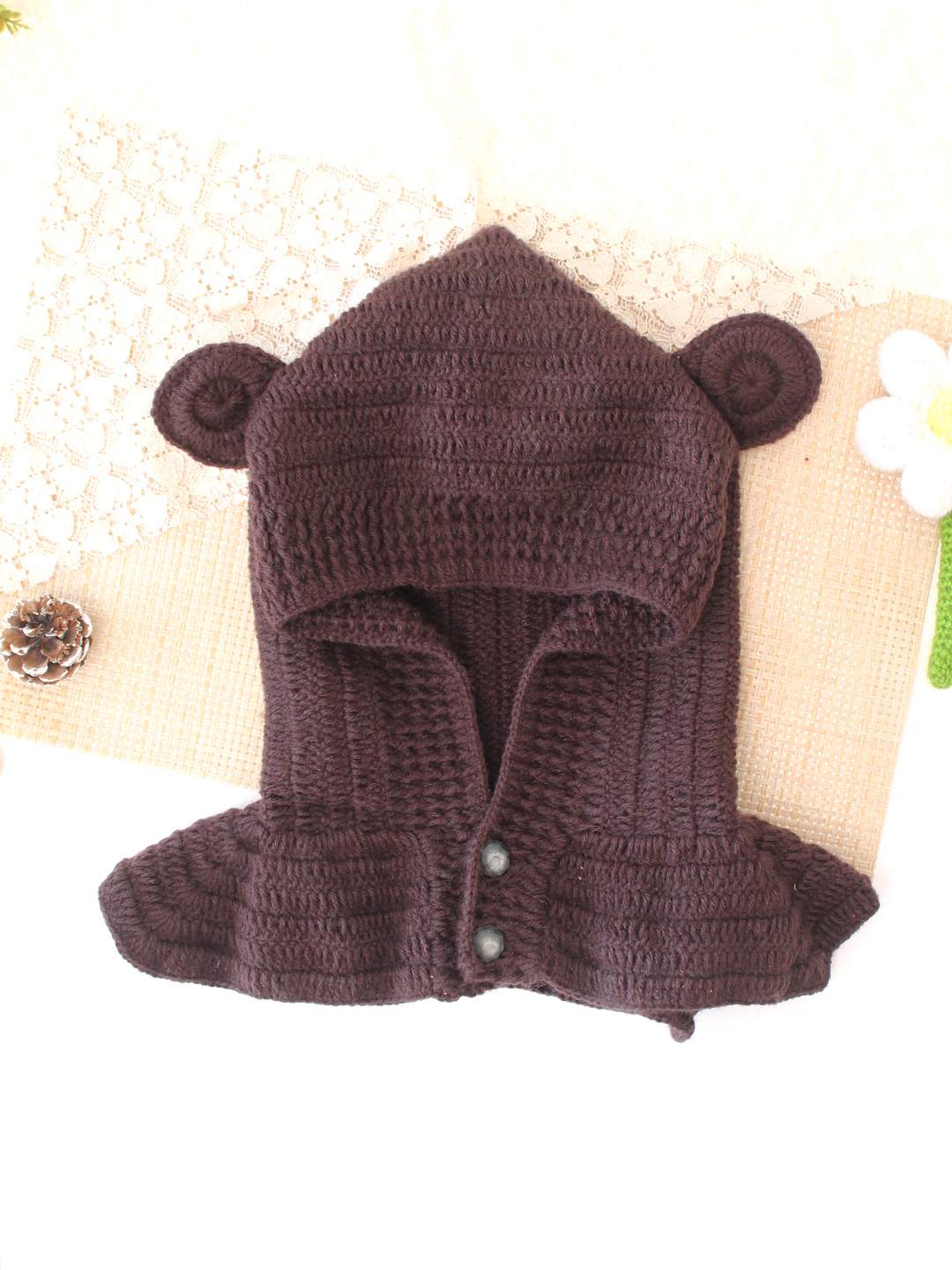 Woonie Crochet Hooded with Ear Cap - Brown