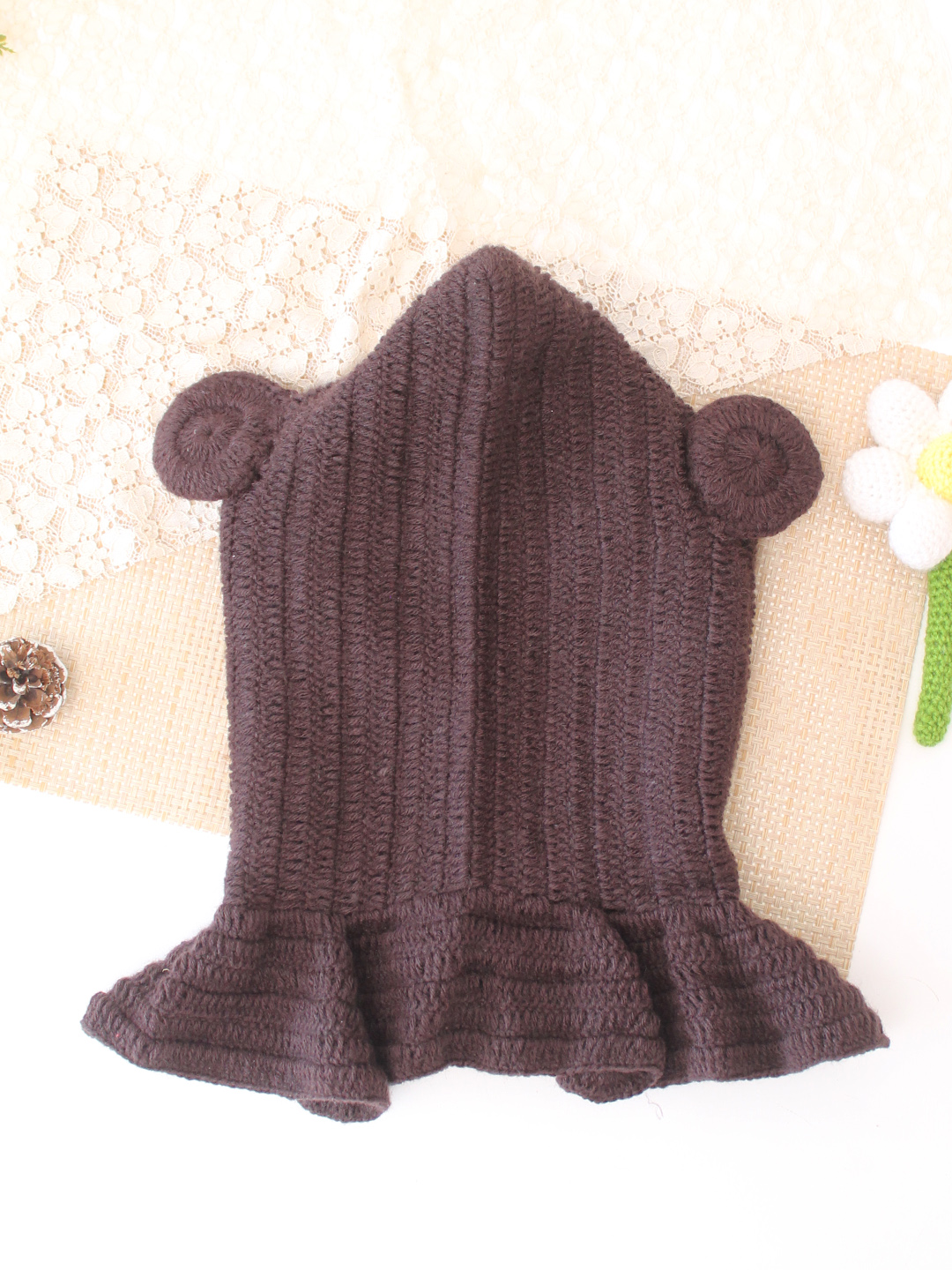 Woonie Crochet Hooded with Ear Cap - Brown