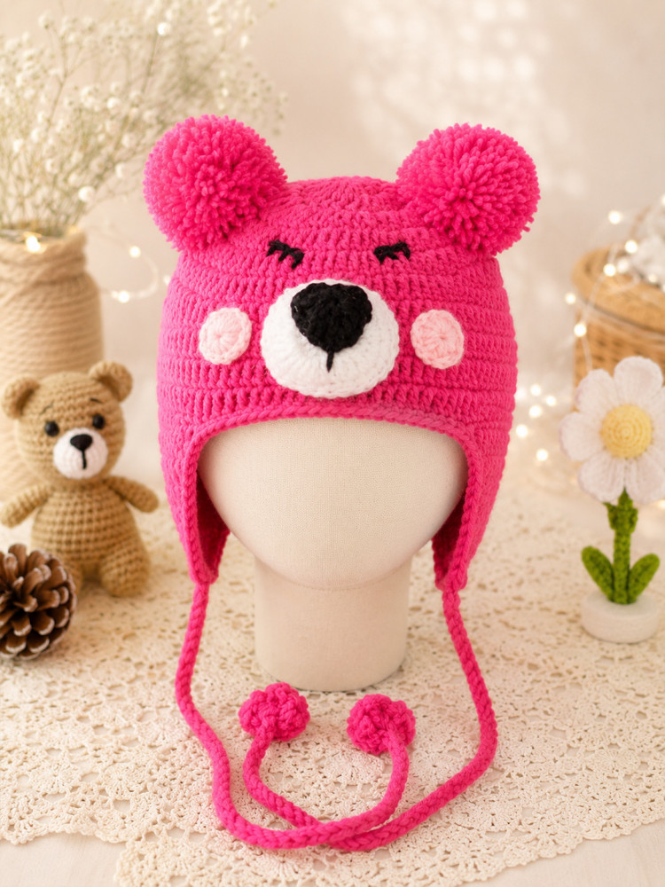 Image of Woonie Crochet Bear Detailed Cap - Magenta