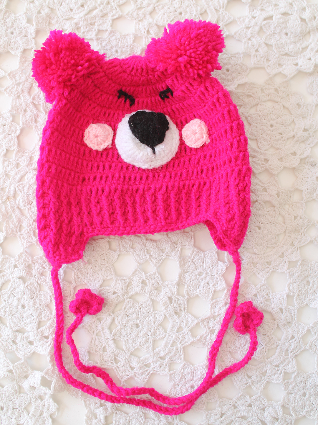 Woonie Crochet Bear Detailed Cap - Magenta