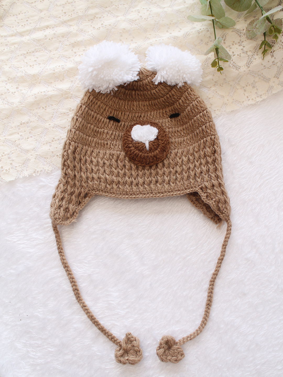 Woonie Crochet Bear Detailed with Pom Pom Cap - Beige