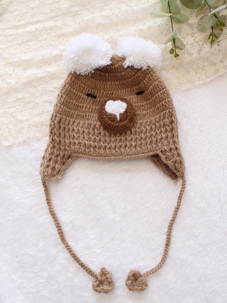 Image of Woonie Crochet Bear Detailed with Pom Pom Cap - Beige