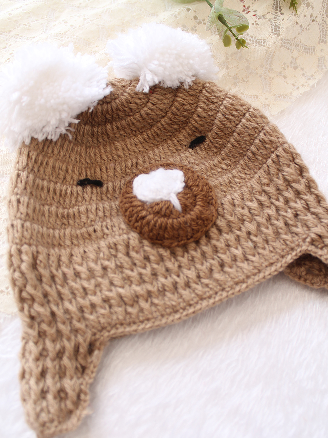 Woonie Crochet Bear Detailed with Pom Pom Cap - Beige